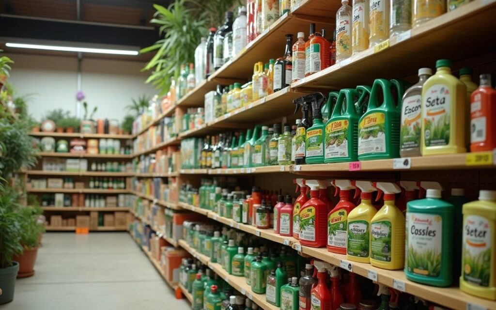 Magasin de jardinage en Espagne avec des produits de désherbage alternatifs.