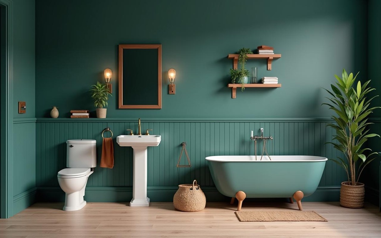 Salle de bain moderne avec une palette de bleu marine, vert émeraude et terracotta.