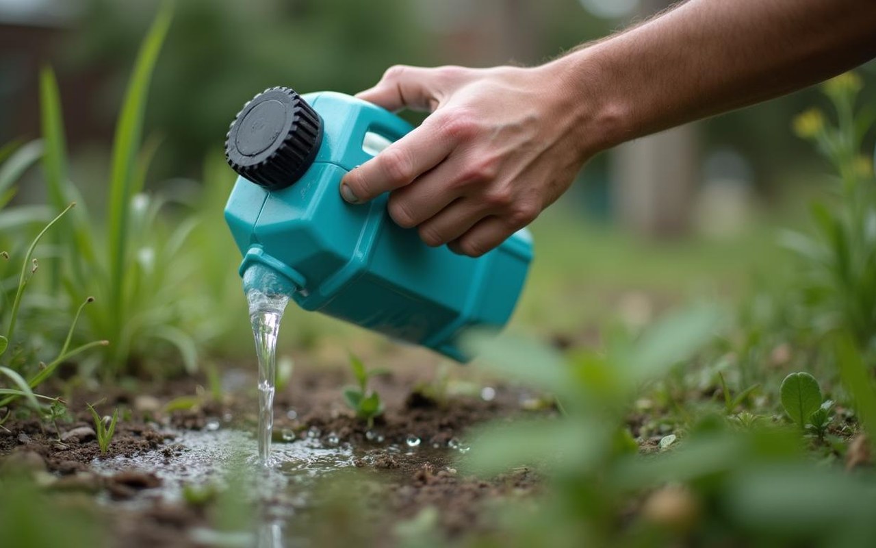 Un jardinier prépare une solution de désherbage avec de l'AdBlue dans son jardin.