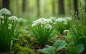 Ail des ours en fleurs dans un sous-bois au printemps, mettant en valeur ses feuilles et fleurs blanches.