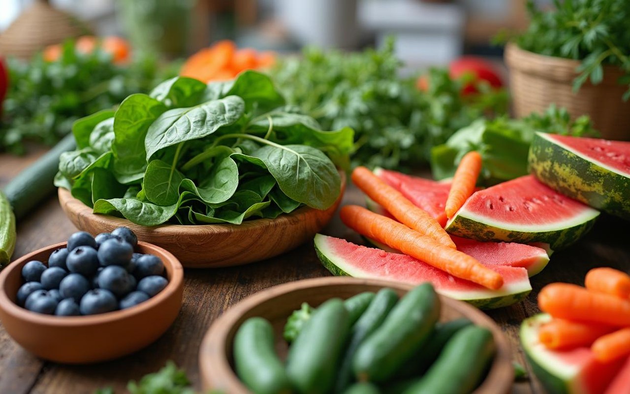 Table de cuisine avec des légumes et fruits bénéfiques pour les reins.