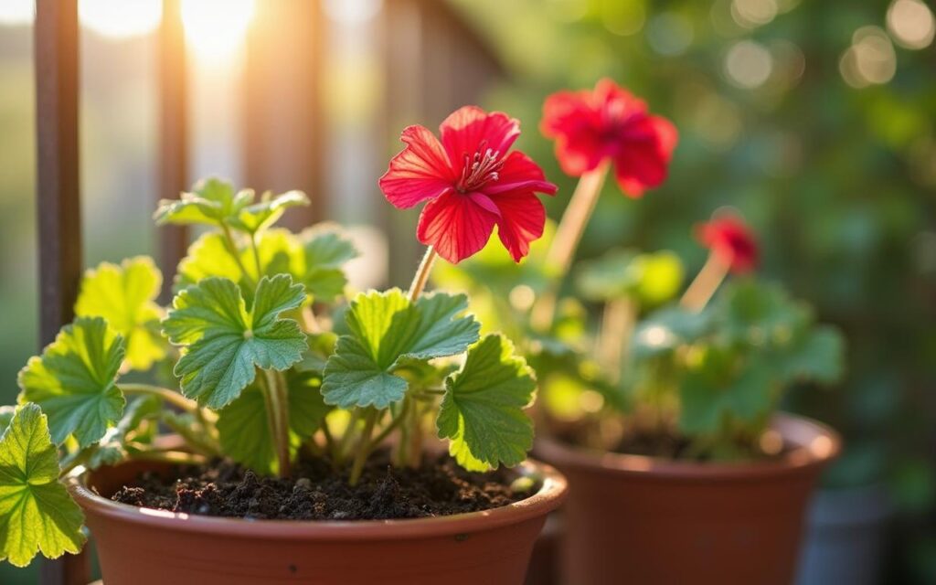 Géranium en pot sur un balcon, sol légèrement humide, illustrant un arrosage équilibré.