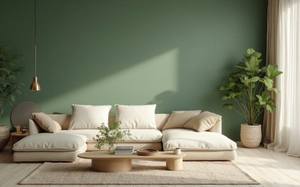 Intérieur moderne avec des murs verdeau et des éléments en bois clair.