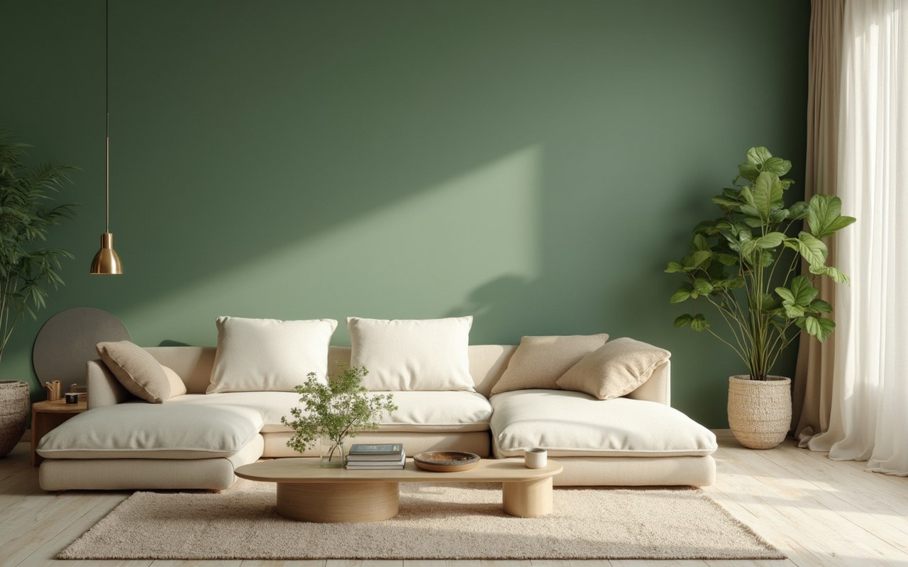 Intérieur moderne avec des murs verdeau et des éléments en bois clair.