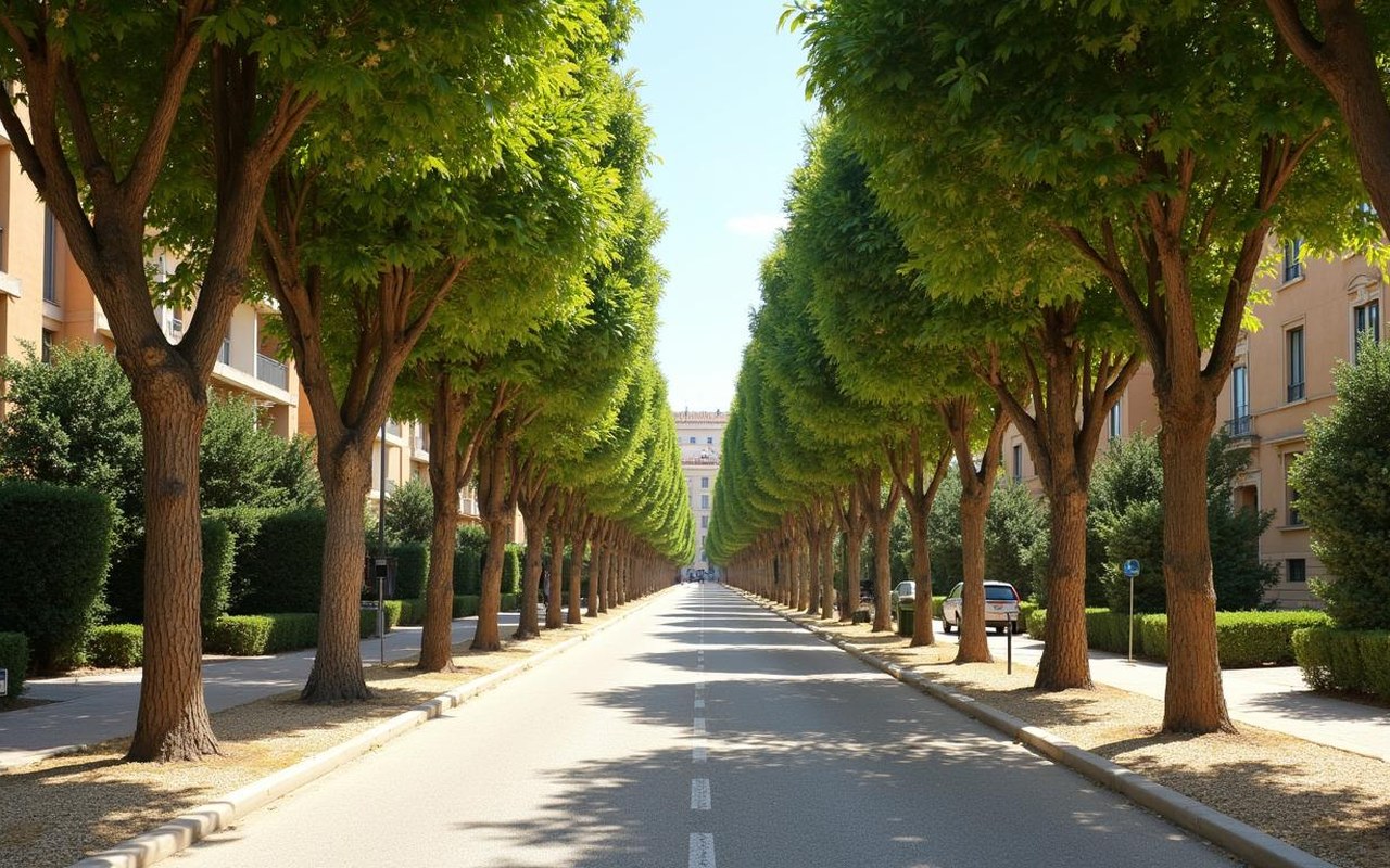 Vue de l'Avenue des Siffleuses à Aix-en-Provence avec des arbres et des bâtiments.