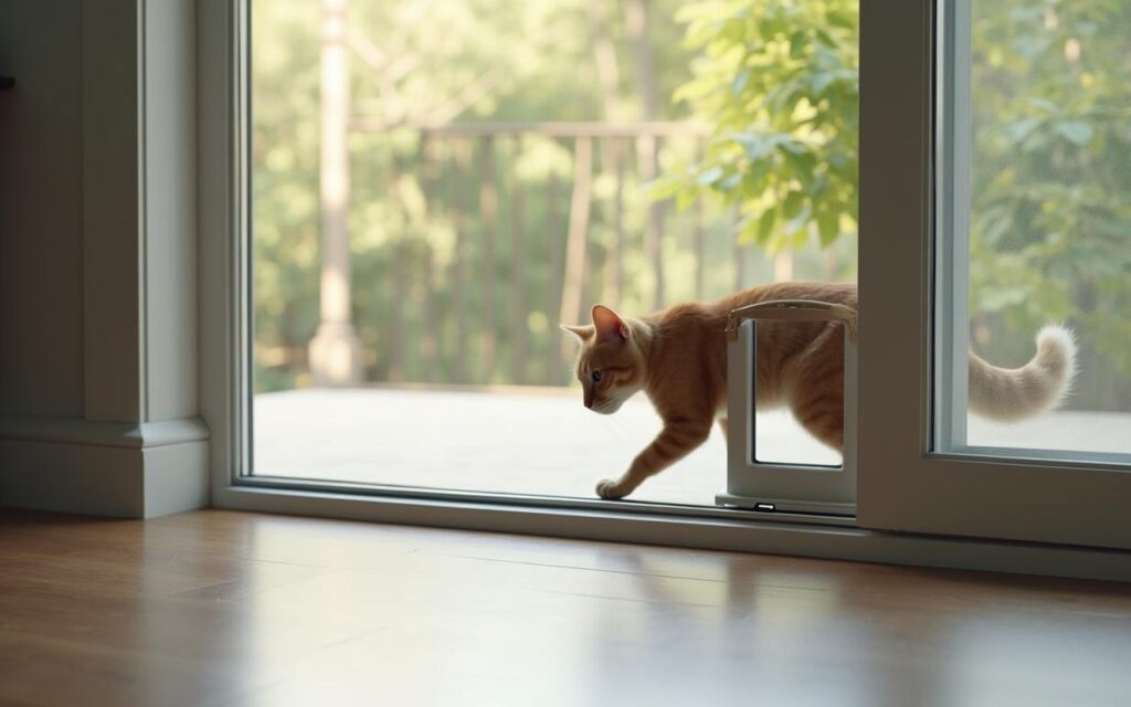 Panneau amovible avec chatière dans une baie vitrée, chat passant à travers.