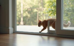 Panneau amovible avec chatière dans une baie vitrée, chat passant à travers.