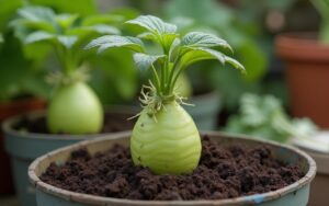 Christophine germée prête à être plantée dans un pot avec du terreau.