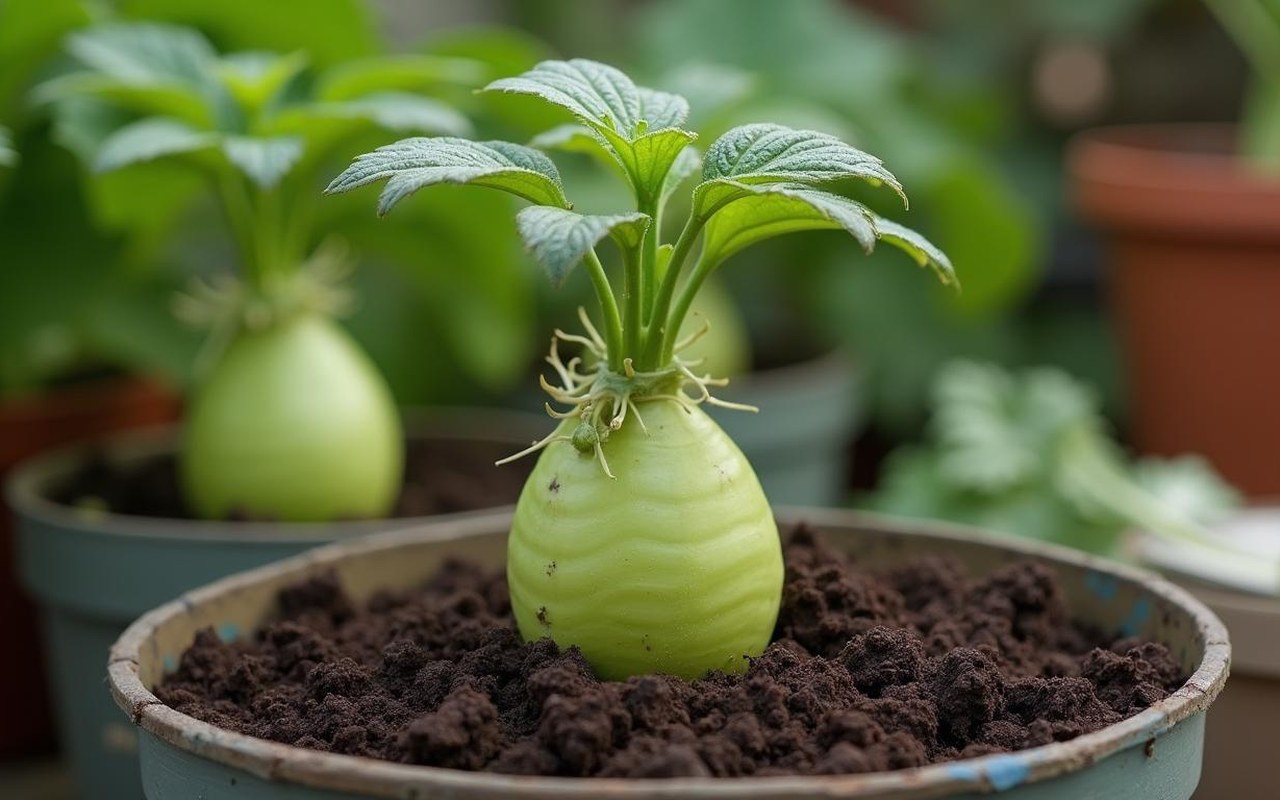 Christophine germée prête à être plantée dans un pot avec du terreau.