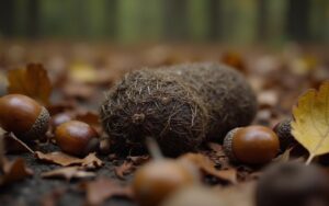 Crottte de sanglier dans un environnement forestier avec des glands et des feuilles.