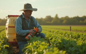 Agriculteur appliquant du Roundup dans un champ avec des panneaux de sécurité.