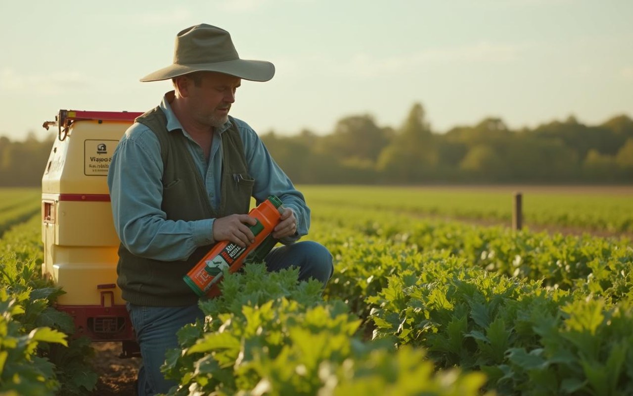 Agriculteur appliquant du Roundup dans un champ avec des panneaux de sécurité.