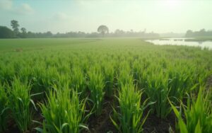 Champ agricole avec cultures et zones humides, illustrant l'impact du glyphosate sur l'écosystème.