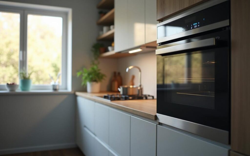 Cuisine moderne avec four éteint et fenêtre ouverte pour ventilation.