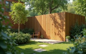 Mur anti-bruit en bois dans un jardin, réduisant les nuisances sonores.