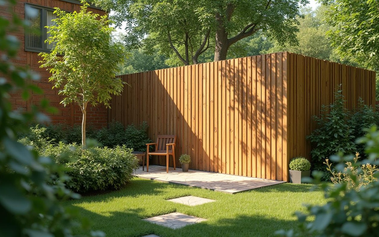 Mur anti-bruit en bois dans un jardin, réduisant les nuisances sonores.