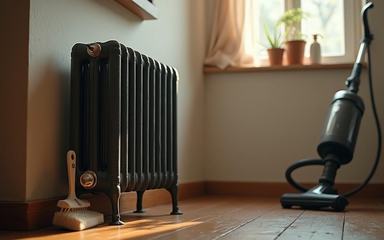 Radiateur en fonte propre dans une pièce chaleureuse avec outils de nettoyage à proximité.