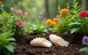 Un jardin florissant avec des os de seiche intégrés dans le sol, illustrant un jardinage durable.