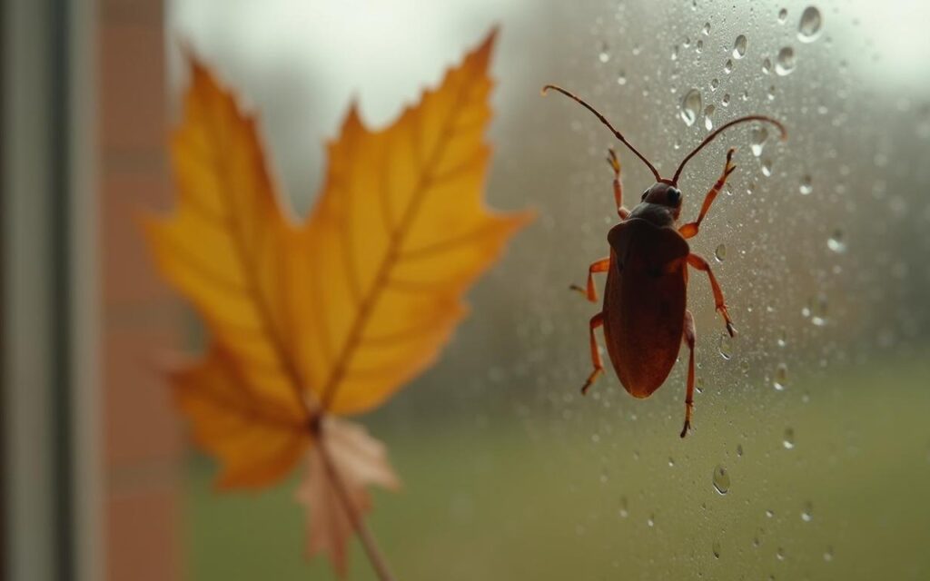 Punaise marron sur une fenêtre avec des feuilles d'automne en arrière-plan.