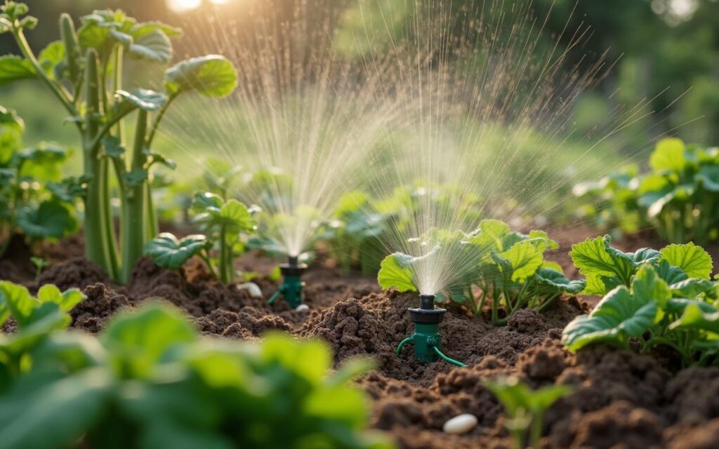 Systèmes d'arrosage automatique dans un potager avec légumes en croissance.