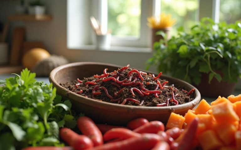 Lombricomposteur dans une cuisine moderne avec des vers rouges et des biodéchets découpés.