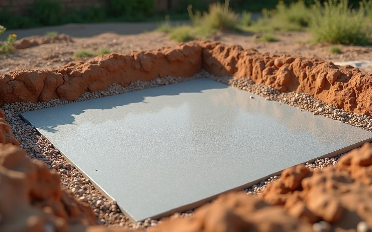 Chantier de rénovation d'une maison ancienne avec dalle en béton sur terre battue.