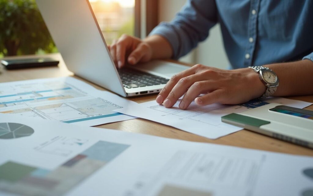 Personne remplissant un formulaire de devis travaux sur un ordinateur portable avec des plans de rénovation.
