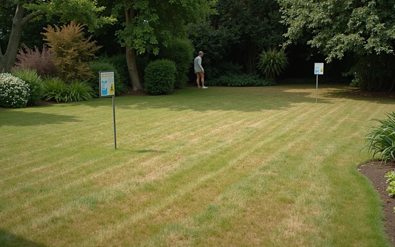 Gazon anglais en mauvais état avec zones pelées et panneaux de restriction d'eau.