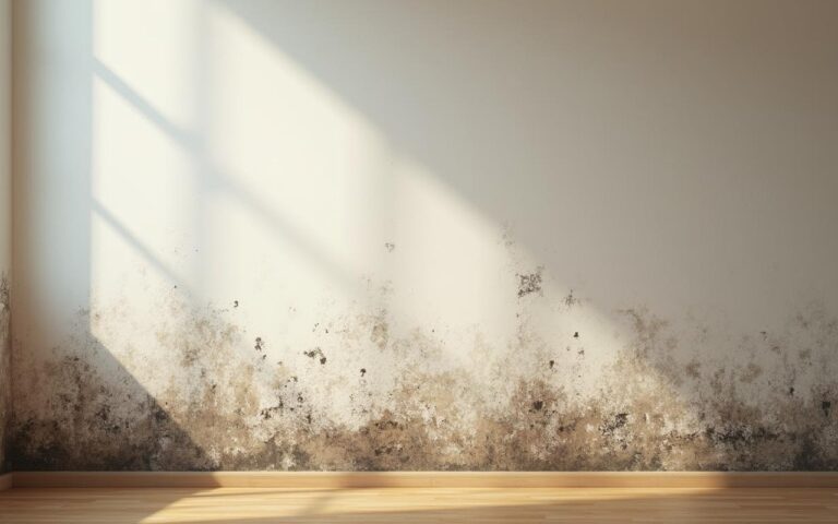 Mur intérieur avec signes d'humidité et système de ventilation visible.