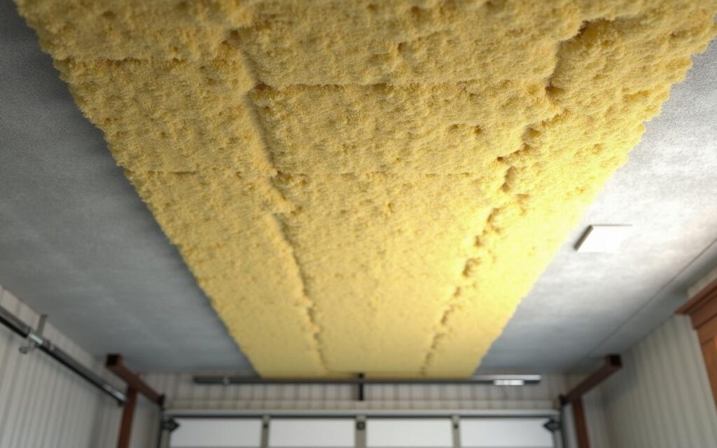Isolation du plafond de garage avec laine de verre et panneaux de polyuréthane.