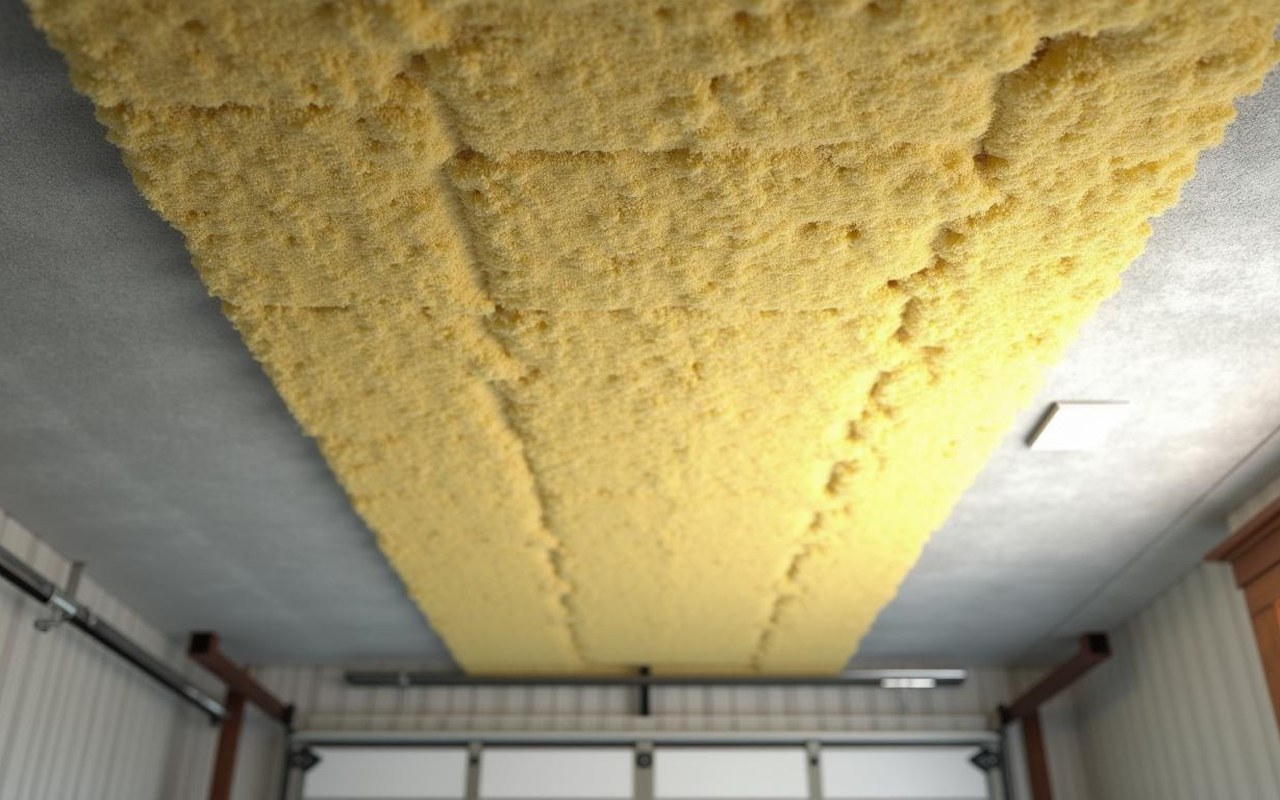 Isolation du plafond de garage avec laine de verre et panneaux de polyuréthane.