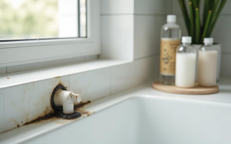 Joint en silicone de douche moisi avec produits de nettoyage naturels à proximité.