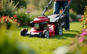 Tondeuse Honda HRG en action dans un jardin fleuri, illustrant sa maniabilité.