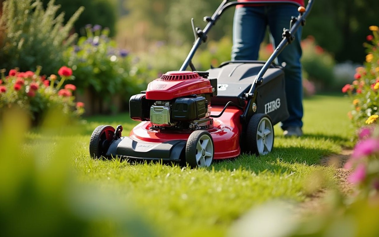 Tondeuse Honda HRG en action dans un jardin fleuri, illustrant sa maniabilité.