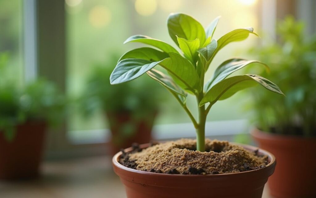 Pot de fleurs avec sable pour prévenir les mouches de terreau, plantes saines en arrière-plan.
