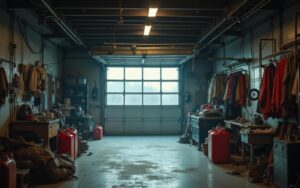 Garage avec des bidons d'essence ouverts et des outils, illustrant les dangers d'odeur d'essence dans la maison.