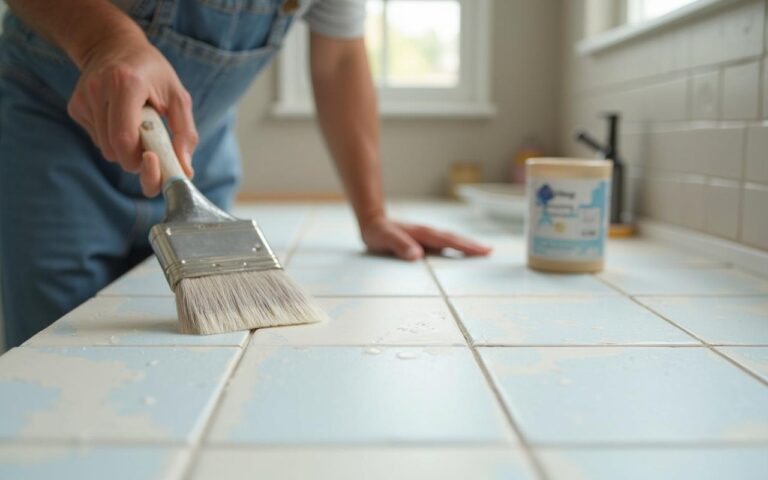 Artisan peignant un carrelage de salle de bain avec des outils de peinture.