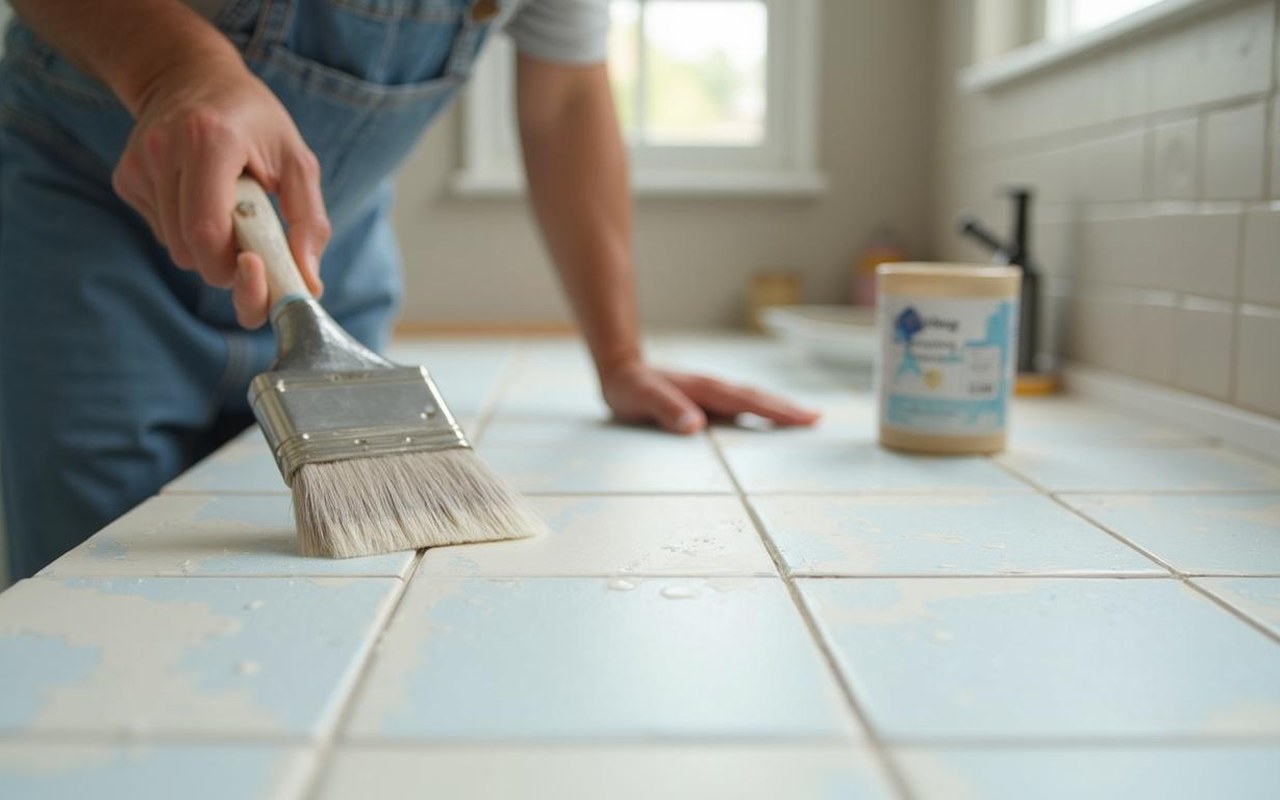 Artisan peignant un carrelage de salle de bain avec des outils de peinture.