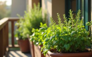 Jardinière avec des plantes aromatiques variées sur un rebord de fenêtre ensoleillé.