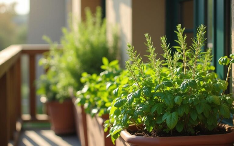 Jardinière avec des plantes aromatiques variées sur un rebord de fenêtre ensoleillé.