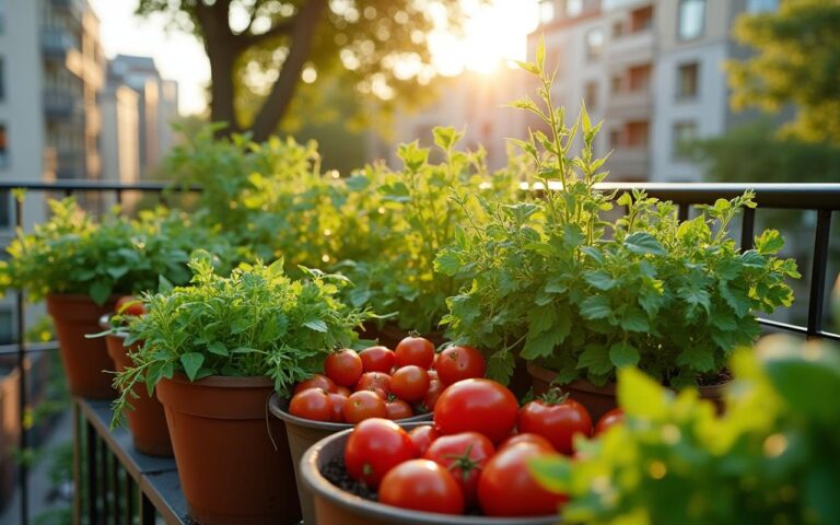 Balcon urbain avec potager de légumes variés sous le soleil.