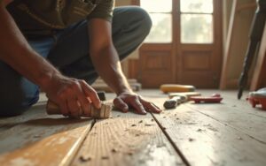Artisan rénovant un parquet ancien sans poncer dans un intérieur lumineux.