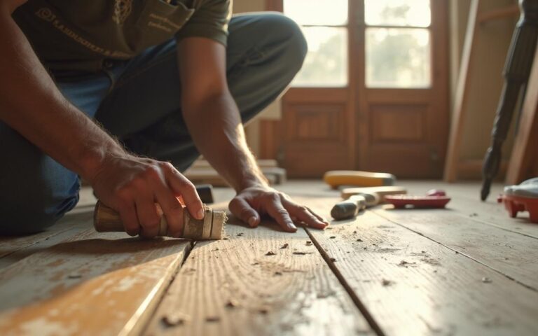 Artisan rénovant un parquet ancien sans poncer dans un intérieur lumineux.