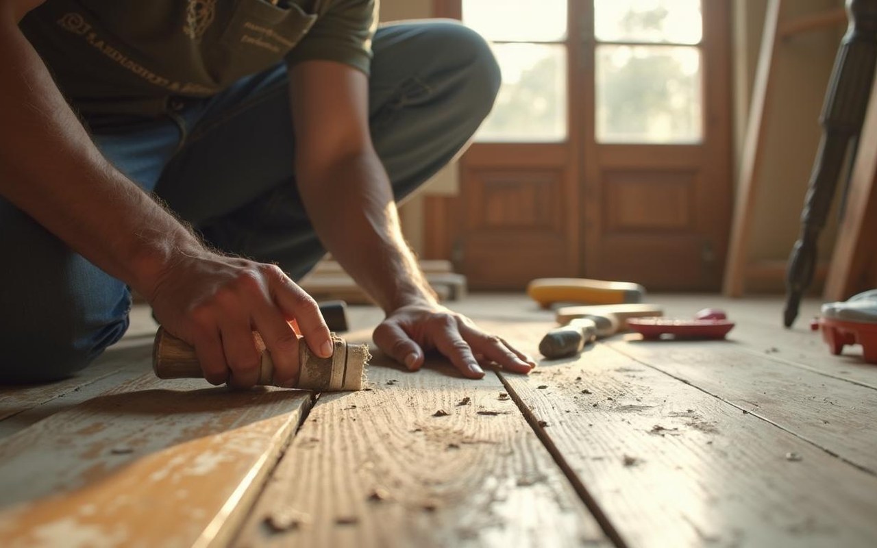 Artisan rénovant un parquet ancien sans poncer dans un intérieur lumineux.