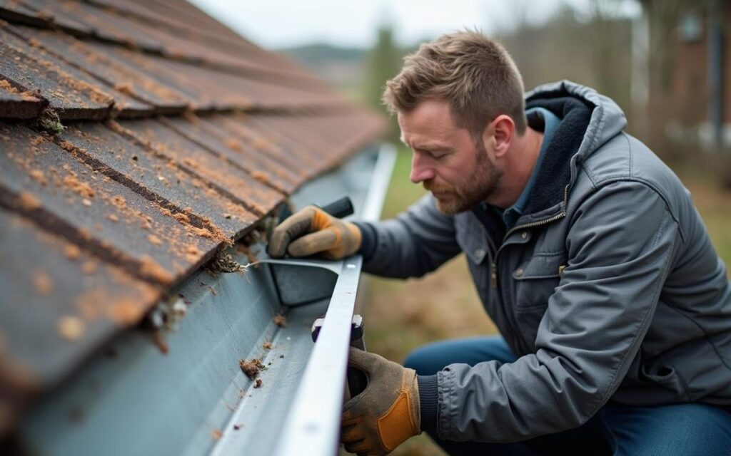 Bricoleur inspectant une gouttière en zinc pour évaluer les réparations nécessaires.