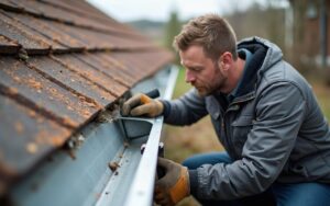 Bricoleur inspectant une gouttière en zinc pour évaluer les réparations nécessaires.