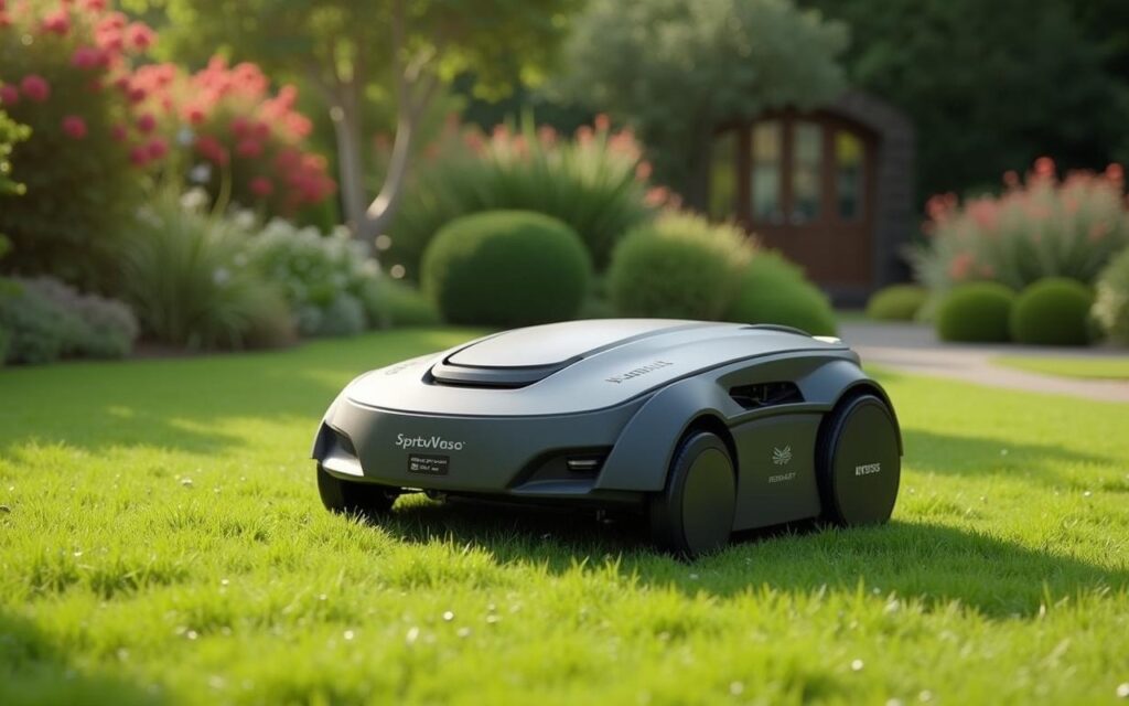 Robot tondeuse Kress en action dans un jardin fleuri, illustrant l'automatisation du jardinage.