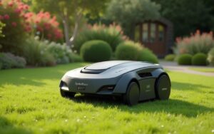 Robot tondeuse Kress en action dans un jardin fleuri, illustrant l'automatisation du jardinage.