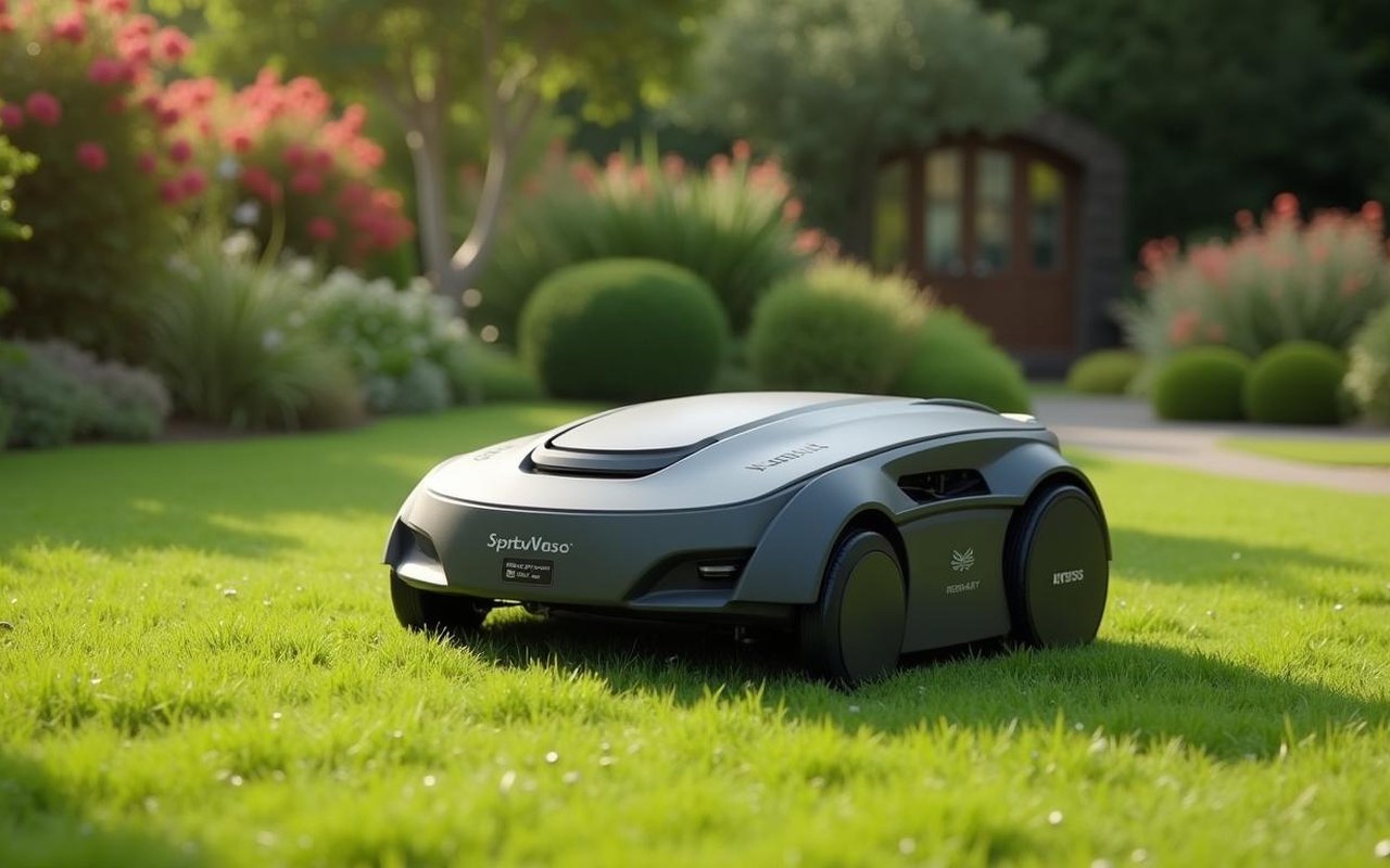 Robot tondeuse Kress en action dans un jardin fleuri, illustrant l'automatisation du jardinage.