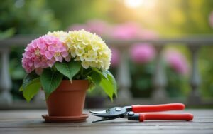 Hortensia en pot sur une terrasse, prêt pour la taille.